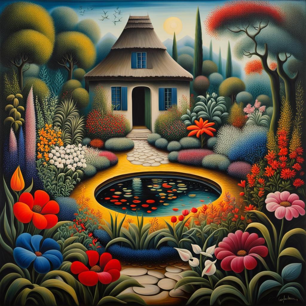 Enchanted Cottage Garden Painting with Exotic Flora