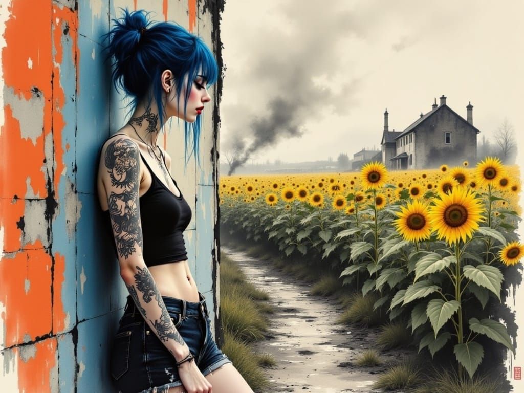 Surreal Japanese Ink Brush Art of a Blue-Haired Punk Woman