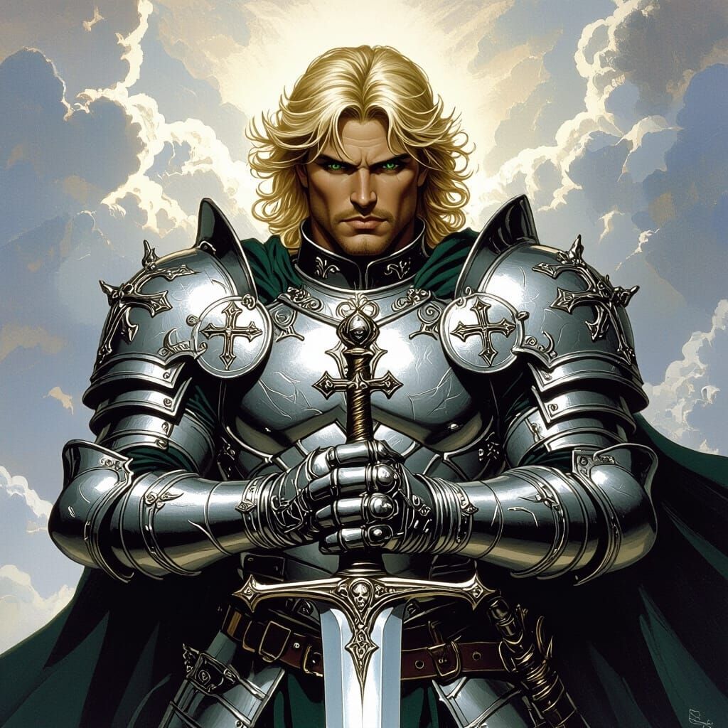 Armored Warrior with Sword of Light in Fantasy Style