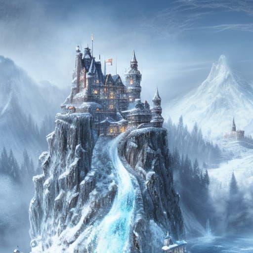 Frozen Waterfall Castle in Tall Mountains, Digital Art