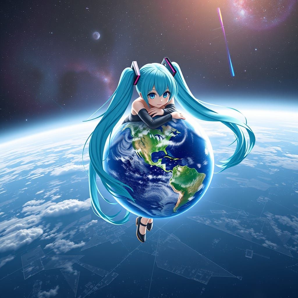 Anime Goddess Miku Embraces the Earth in a Celestial Hug
