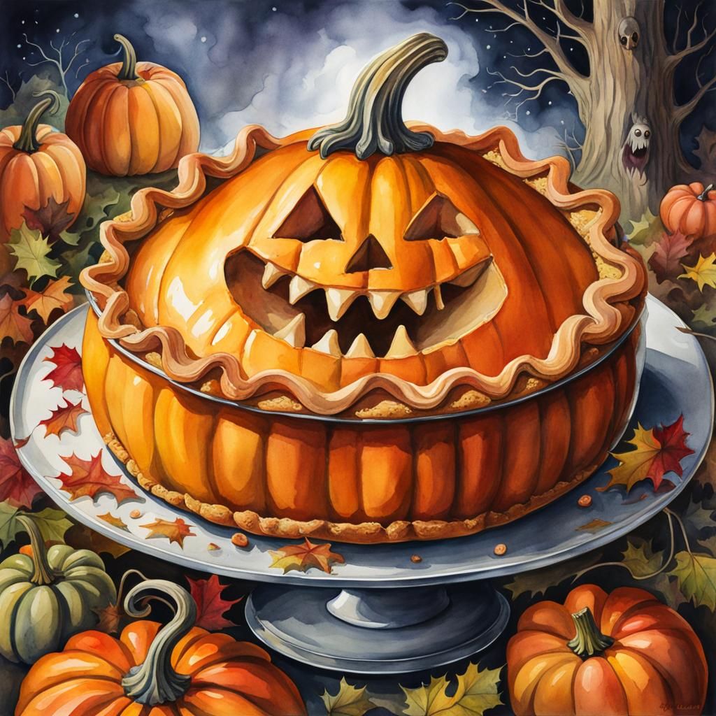 Watercolor Pumpkin Pie Monster in Autumn