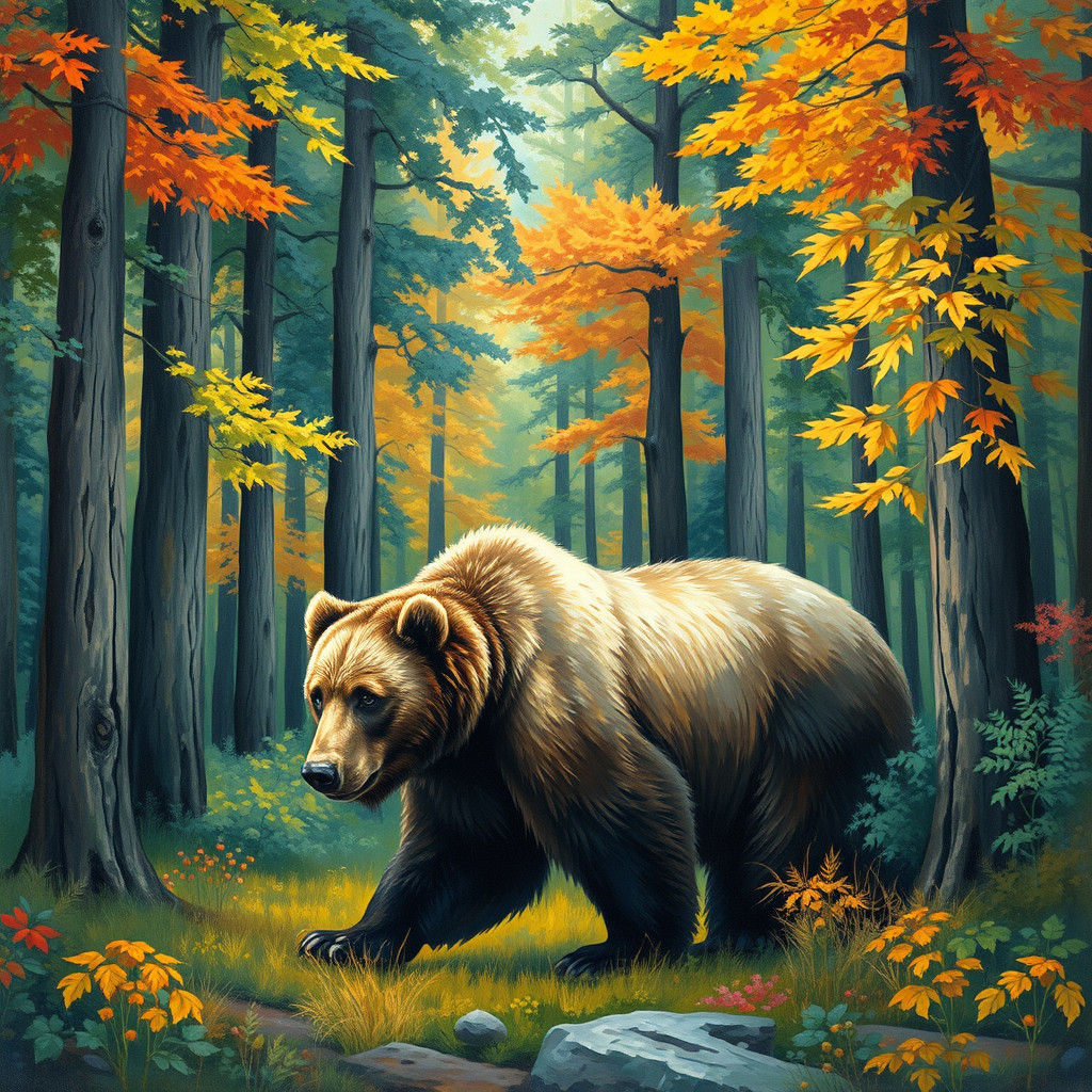 Grizzly Bear in Impressionistic Forest Landscape