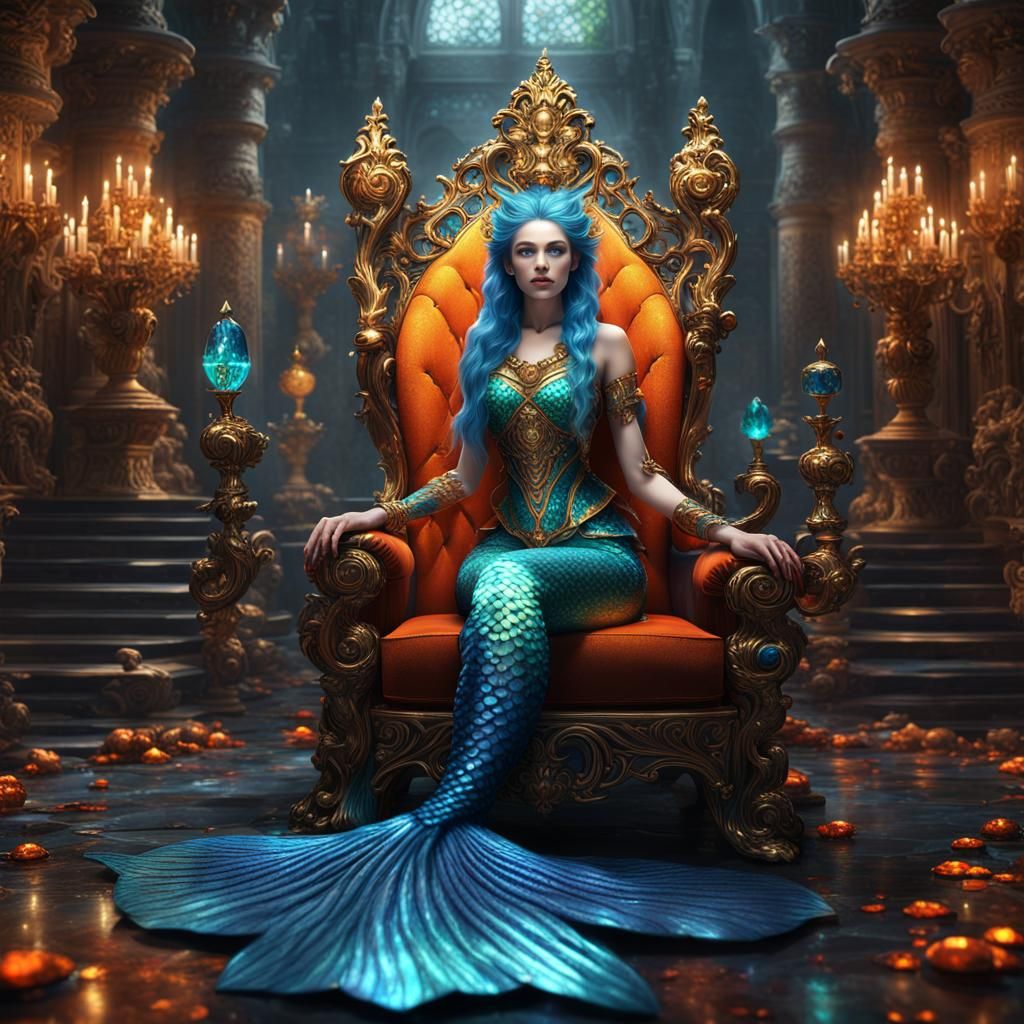 Mermaid on Gemstone Throne, Detailed Matte Painting