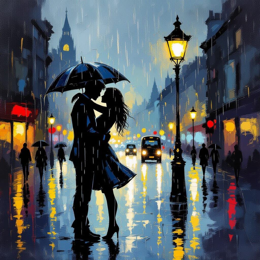 Romantic Silhouette: Couple in Rainy London Street