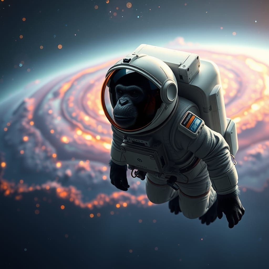 Chimpanzee Astronaut Gazing at Nebula, Fantasy Concept Art