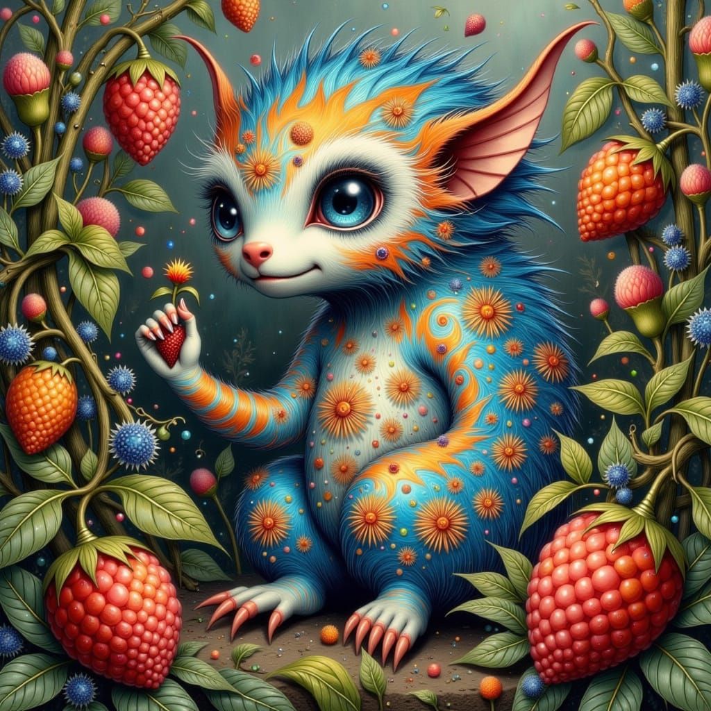 Whimsical Gingham Faerie Monster Amidst Vibrant Berry Forest