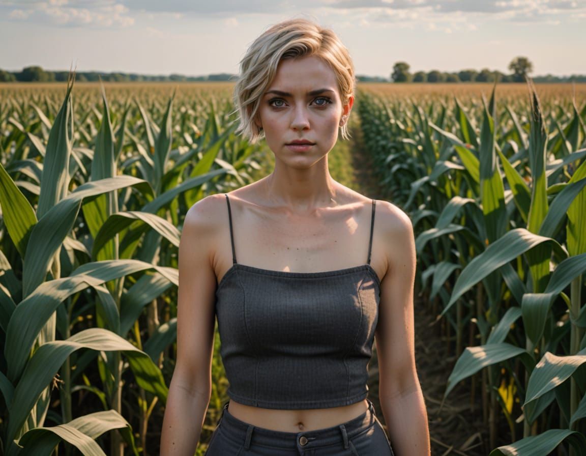 Hyperrealistic Cornfield Goddess in Dark Grey Mini Skirt
