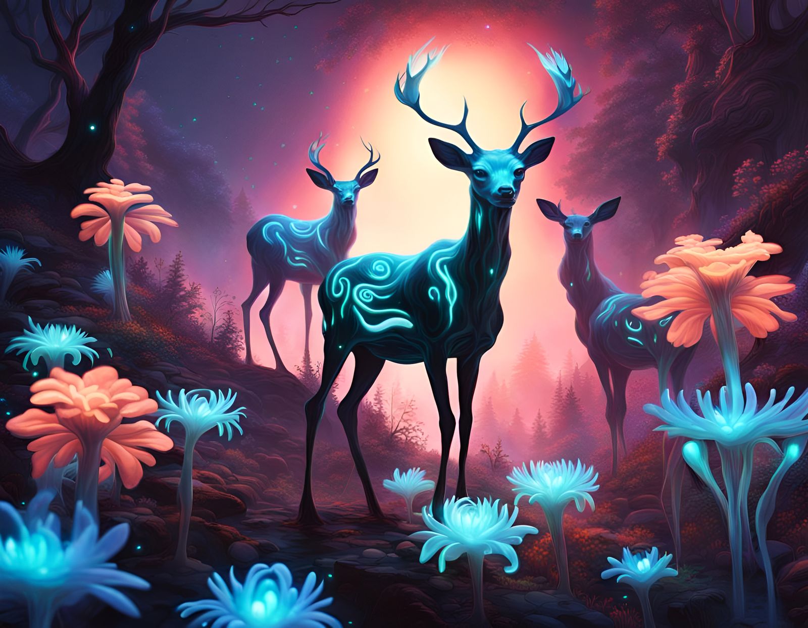 Bioluminescent Alien Planet with Glowing Deer Creatures
