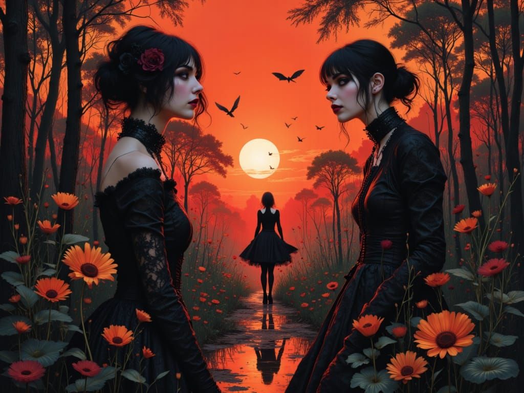 Gothic Woman in Forest at Sunset Pop Art Style