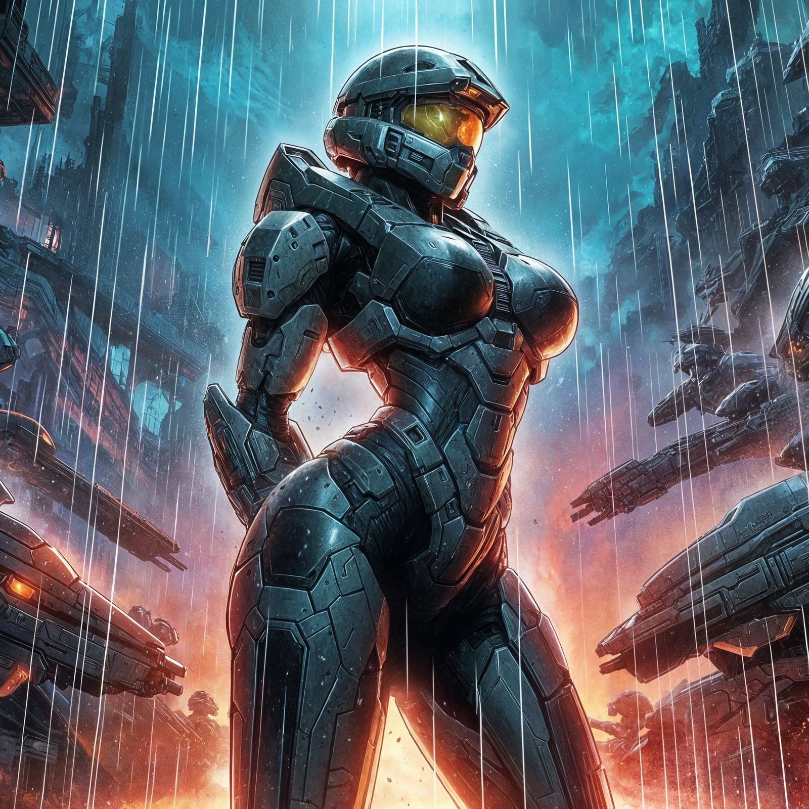 Halo Spartan in Rainy Sci-Fi Ruins: Anime Comic