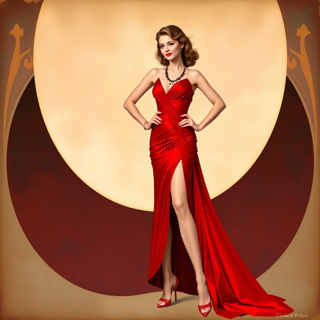 Girl in Red Dress Posing, in Art Nouveau Style