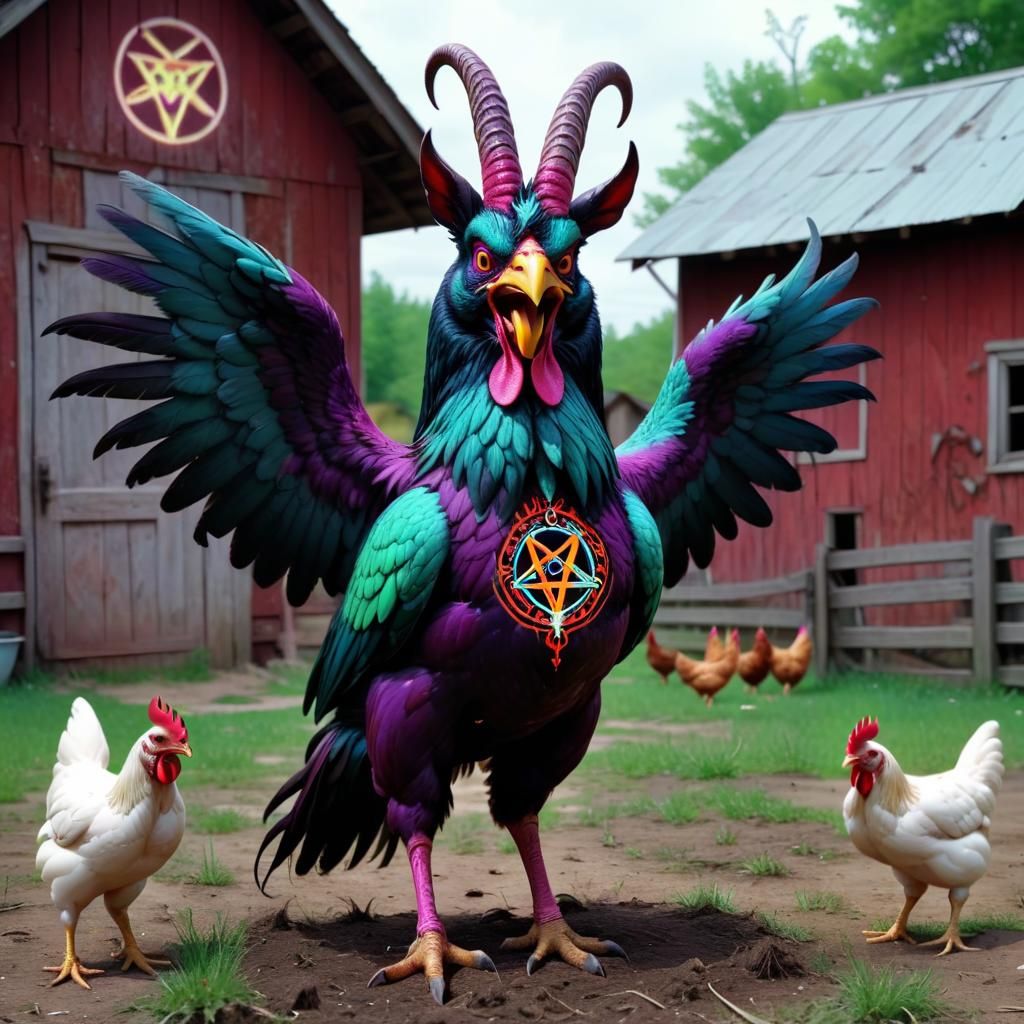 Baphomet Chicken Fusion in Folk Horror Style