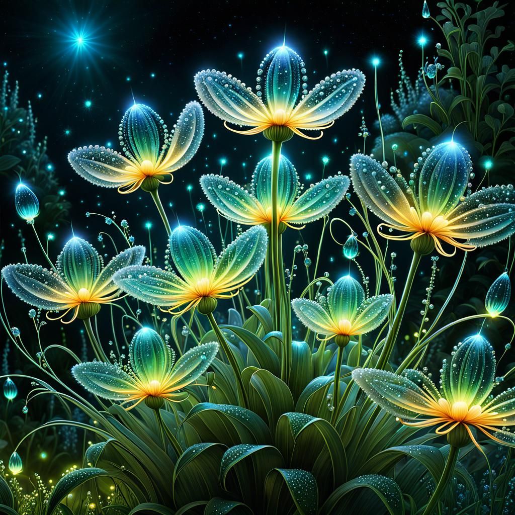 Bioluminescent Cosmic Flower Garden Illustration
