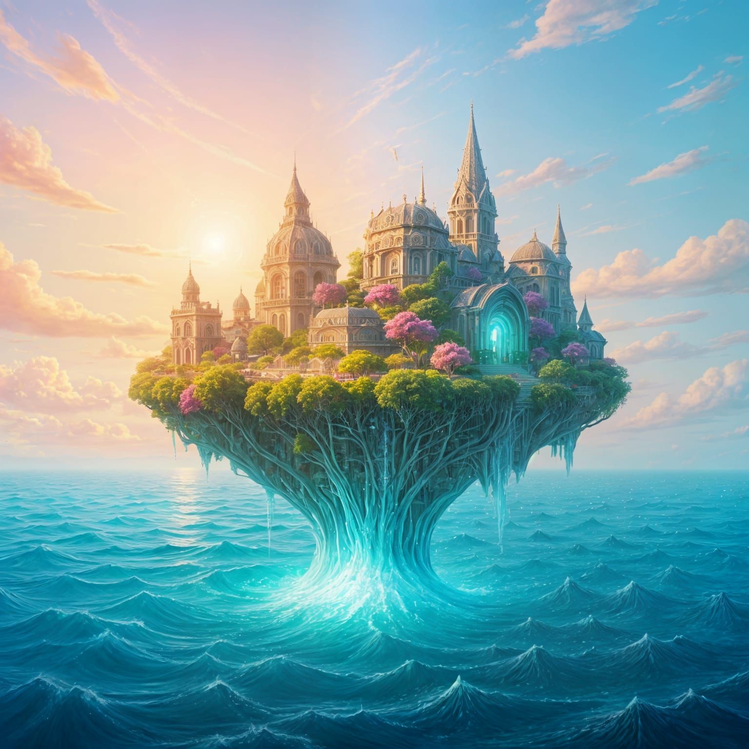 Floating City Island with Lush Forest in Pastel Sky