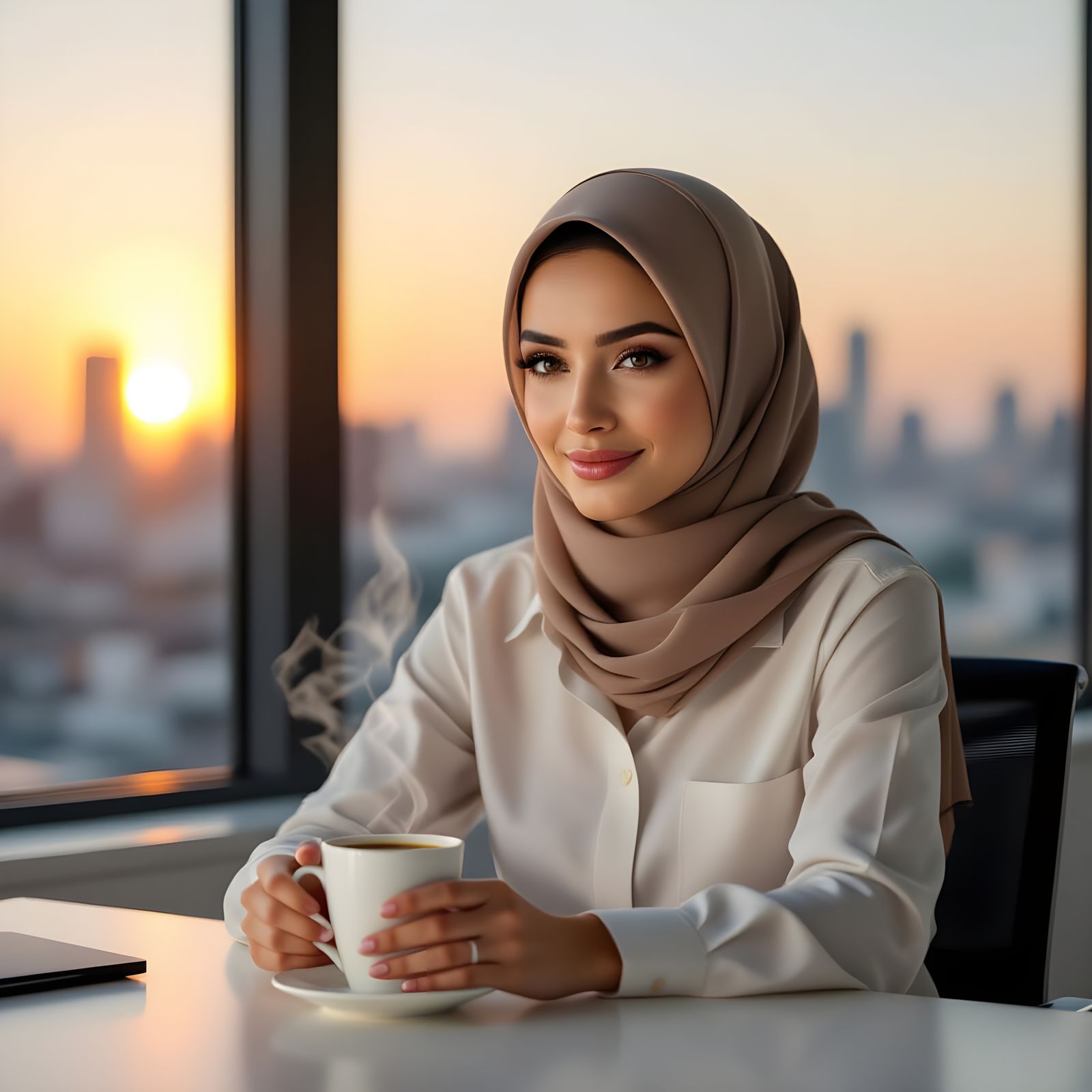 Professional Woman Enjoys Morning Coffee at Desk