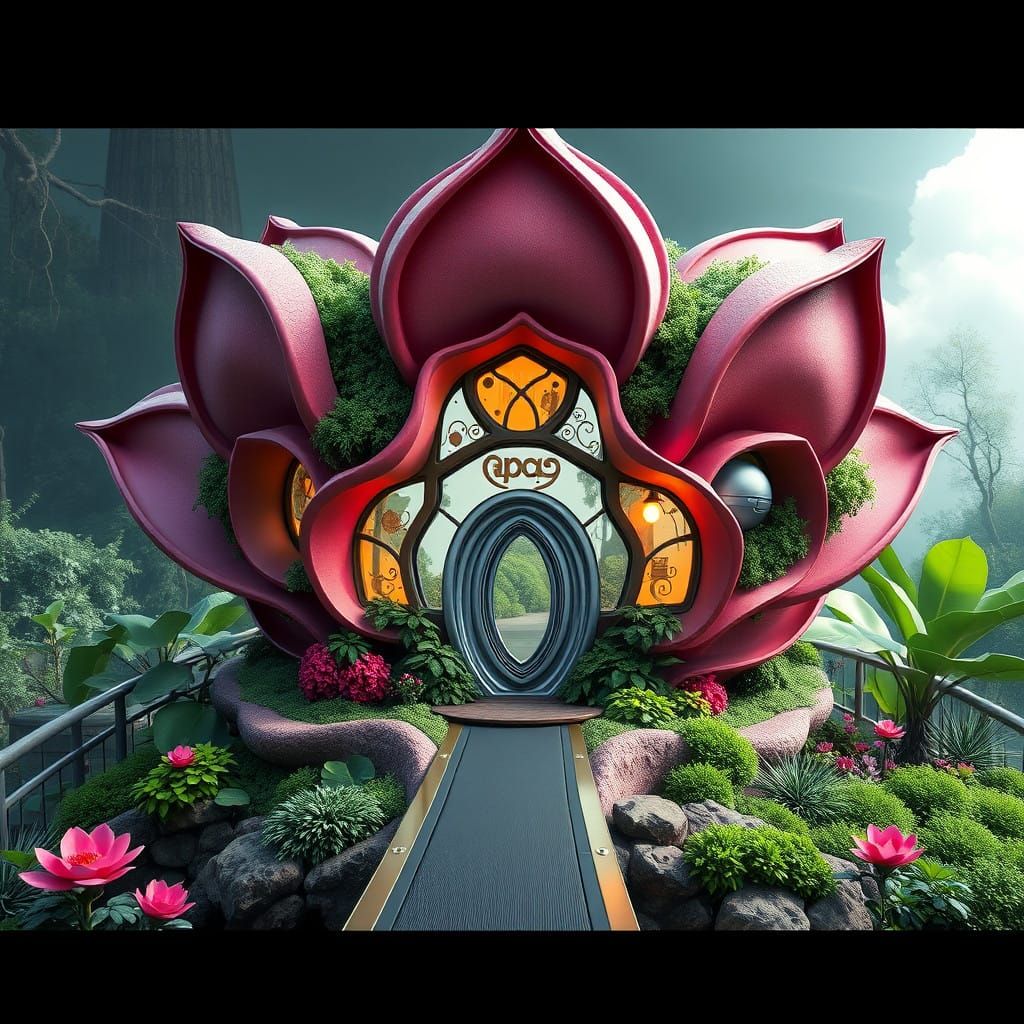 Fantastical Flower-Shaped House in Detailed Matte Painting S...