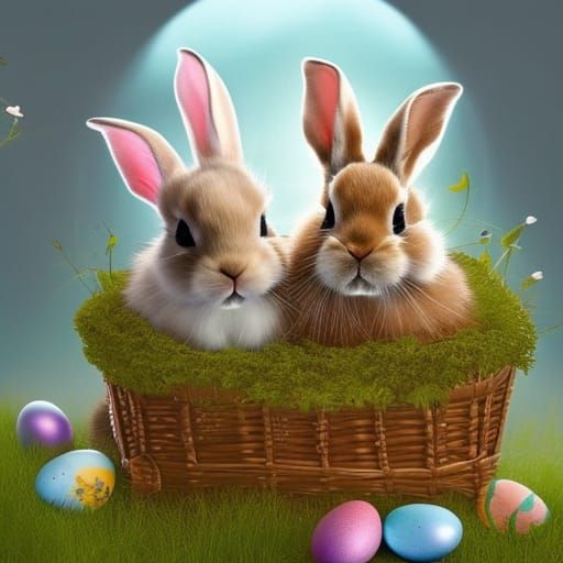Baby Bunnies in Easter Basket: Digital Matte Painting
