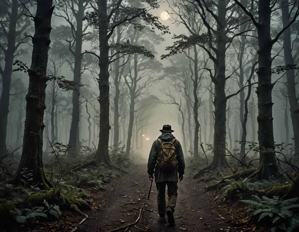 Traveler in Misty Forest of Dark Fantasy