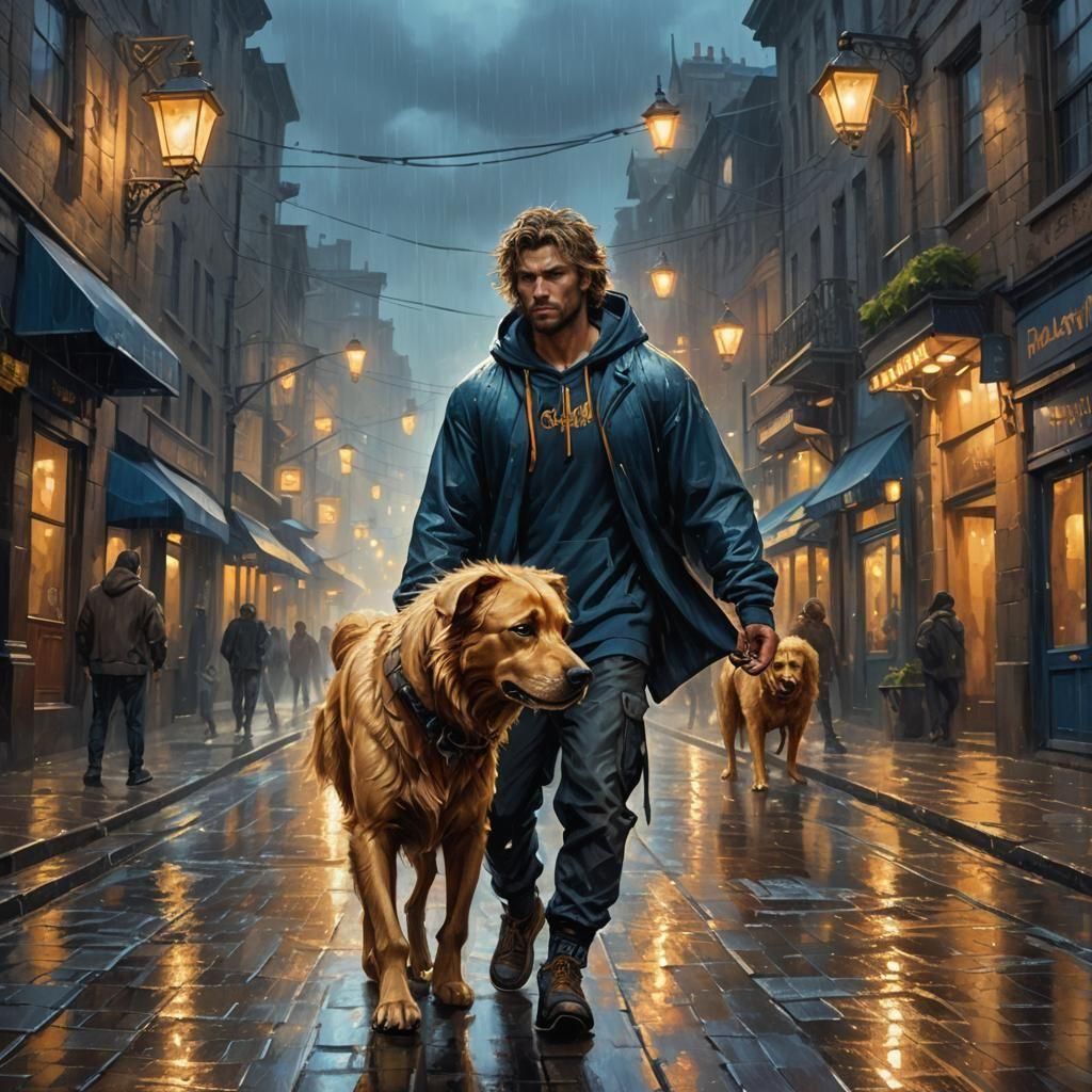 Rainy Night Street Scene with Man and Dog