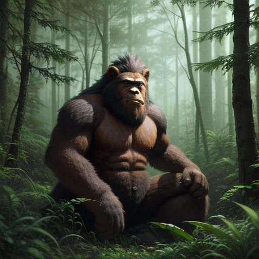 Bigfoot in Vibrant Forest Clearing
