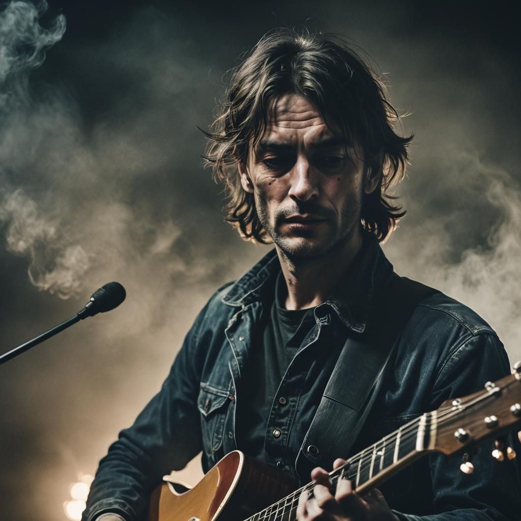 Smoky 80s Concert Portrait of Guitarist