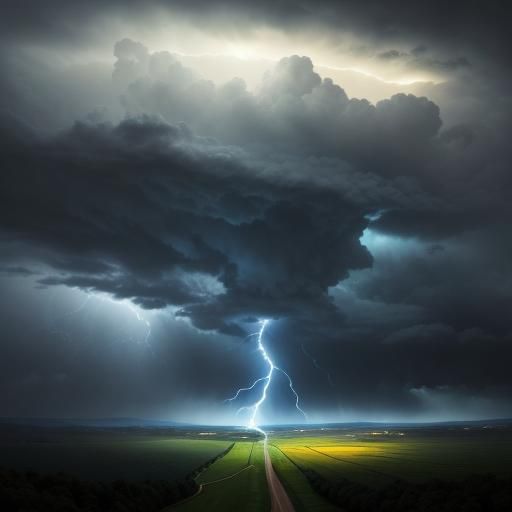 Dramatic Landscape with Rain Cloud and Lightning