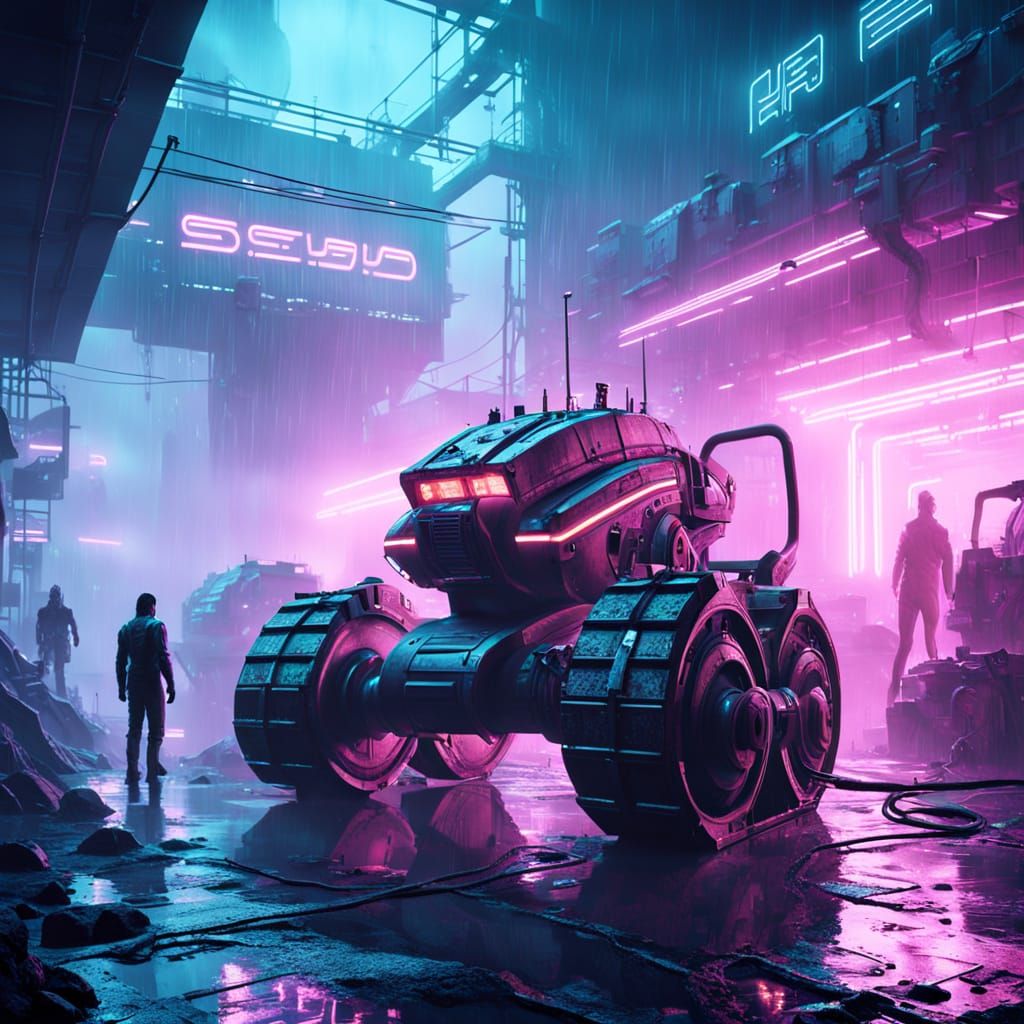 Cyber Barbarian Breaks Free in Neon-Lit Futuristic Landscape