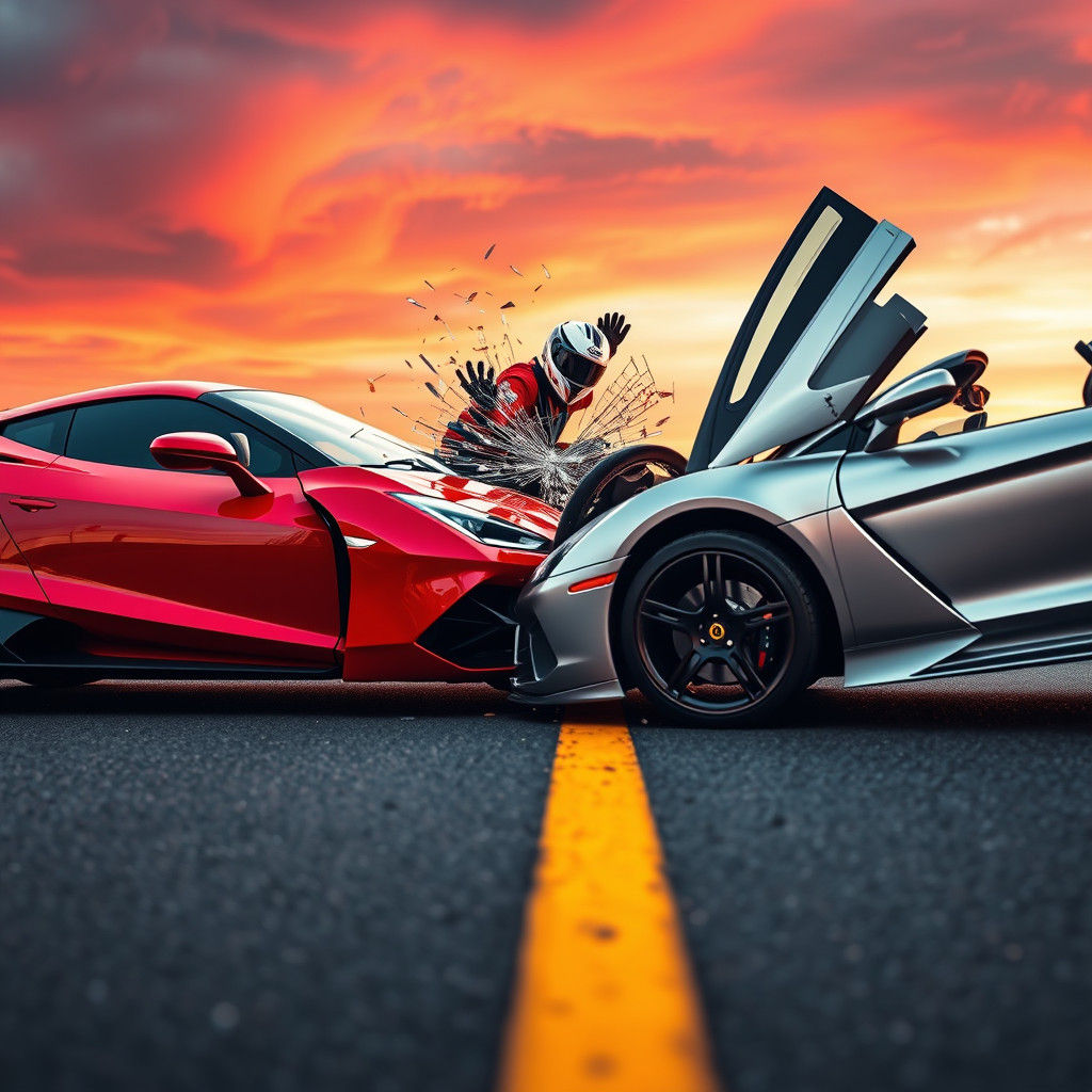 Sports Car Crash in Sunset, Dramatic Side View