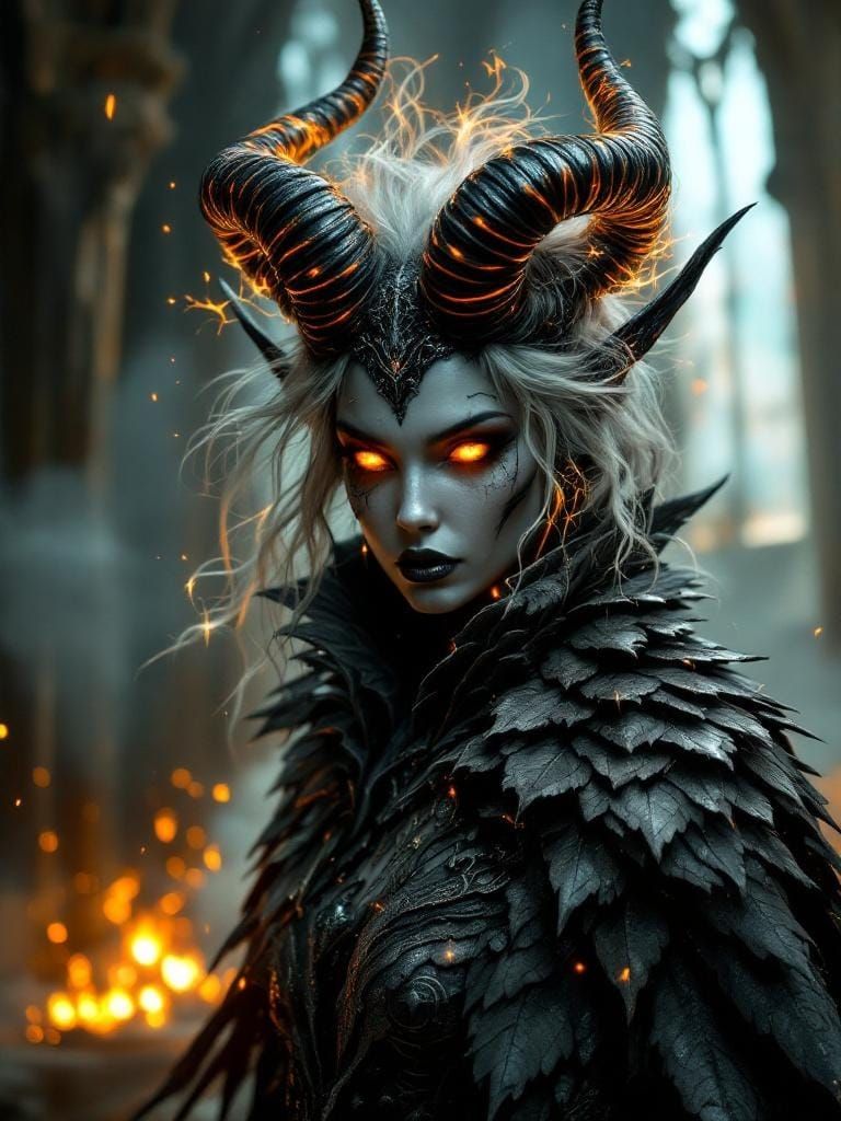 Statuesque Demoness in Pewter Armor, Chiaroscuro Lighting