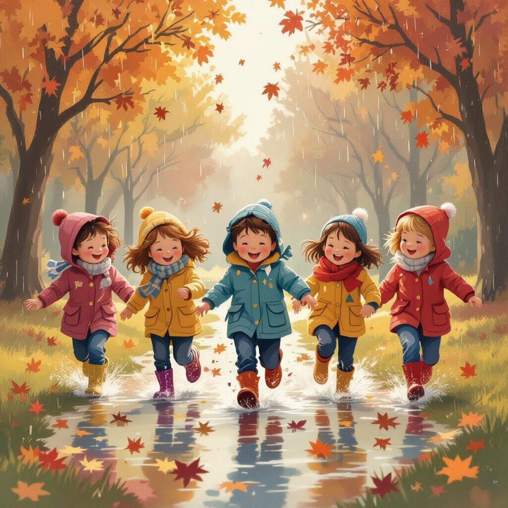 Children Racing in Autumn Rain - Storybook Style