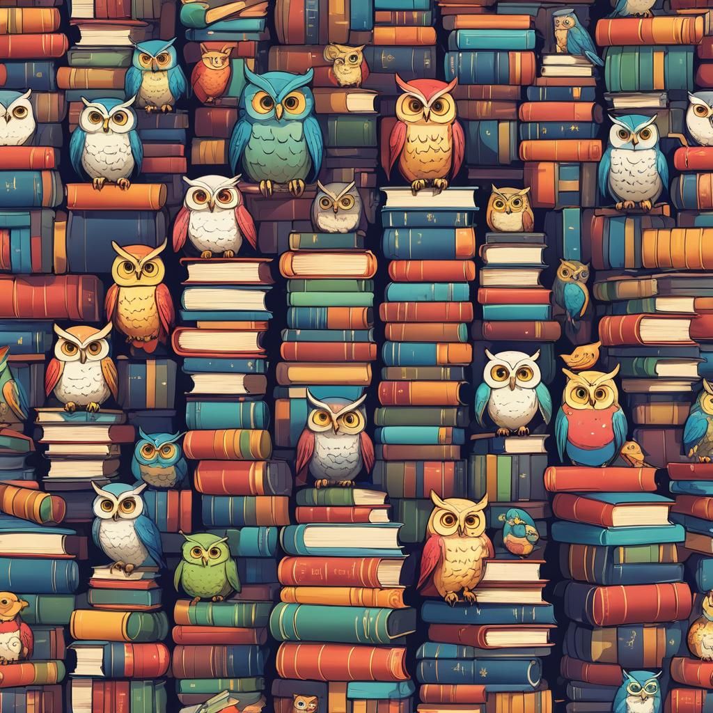 Colorful Books Topped with Owl in Anime Style