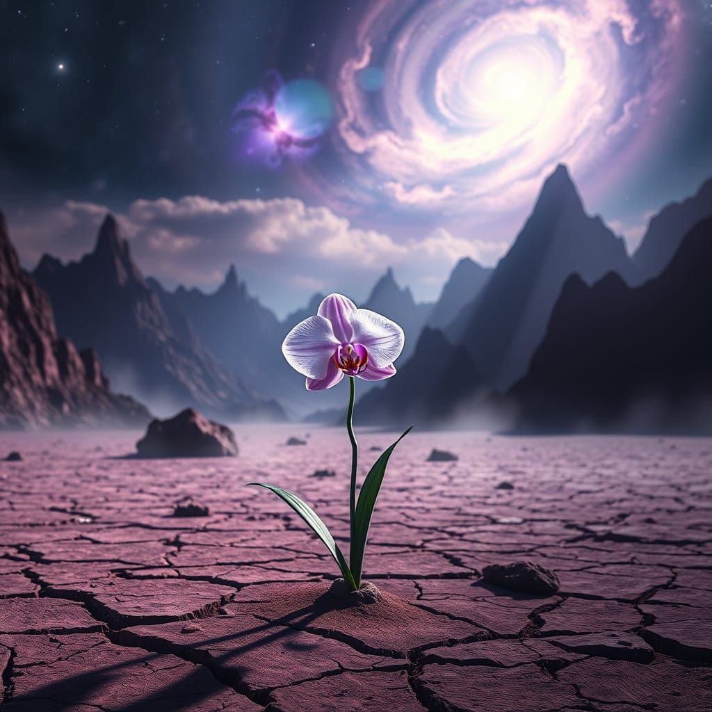 Ethereal Orchid in Alien Landscape, Dark Cosmic Art