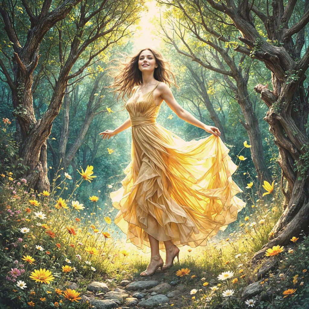 Woman Dancing in Forest as Watercolor Art