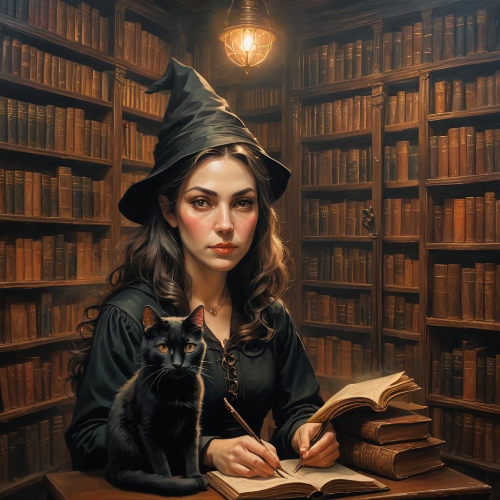 Witch and Cat in Library: Magic Realism Oil Painting