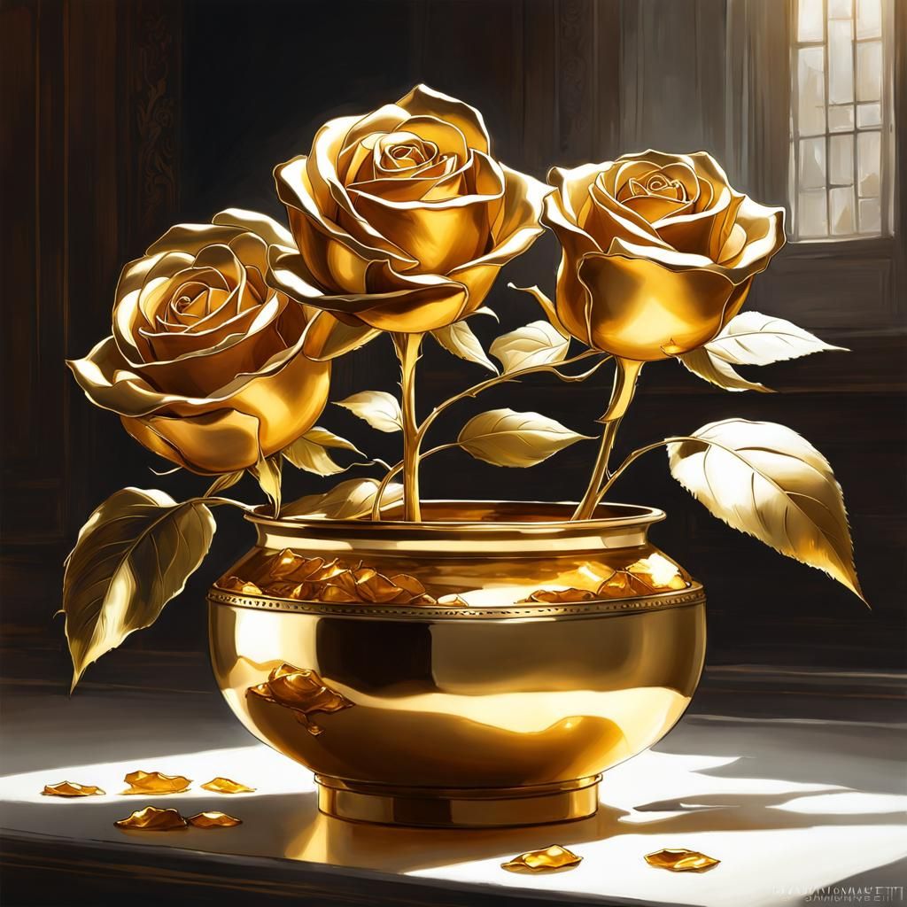 Golden Roses in Pot, Studio Photo