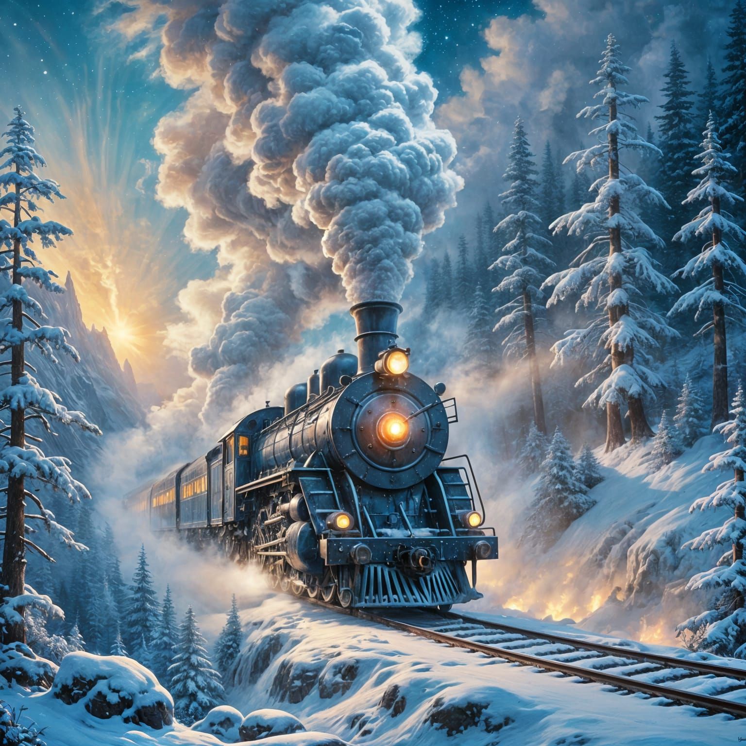 Majestic Steam Train in Snowy Winter Night
