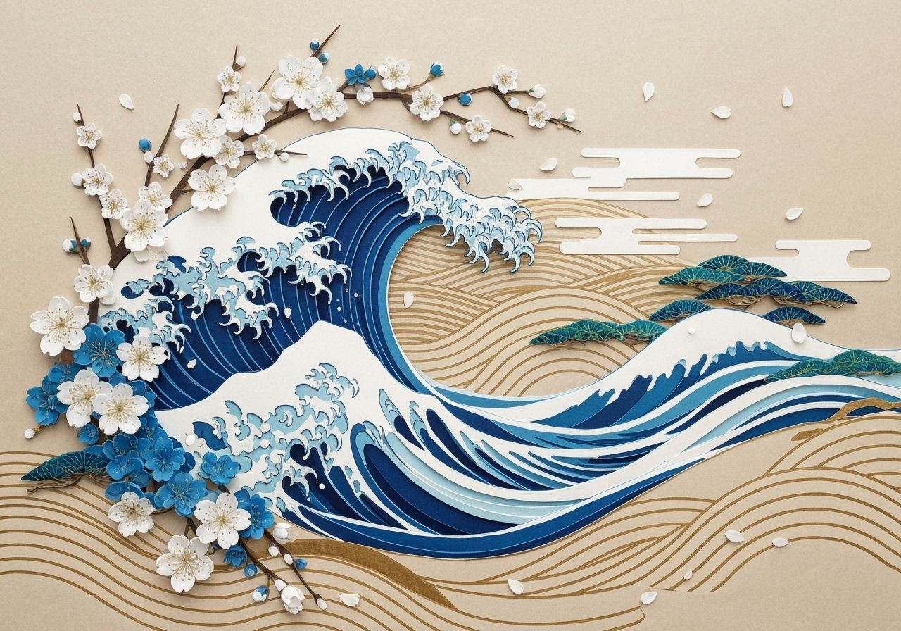 3D Paper Art Wave with Cherry Blossoms and Gold Accents