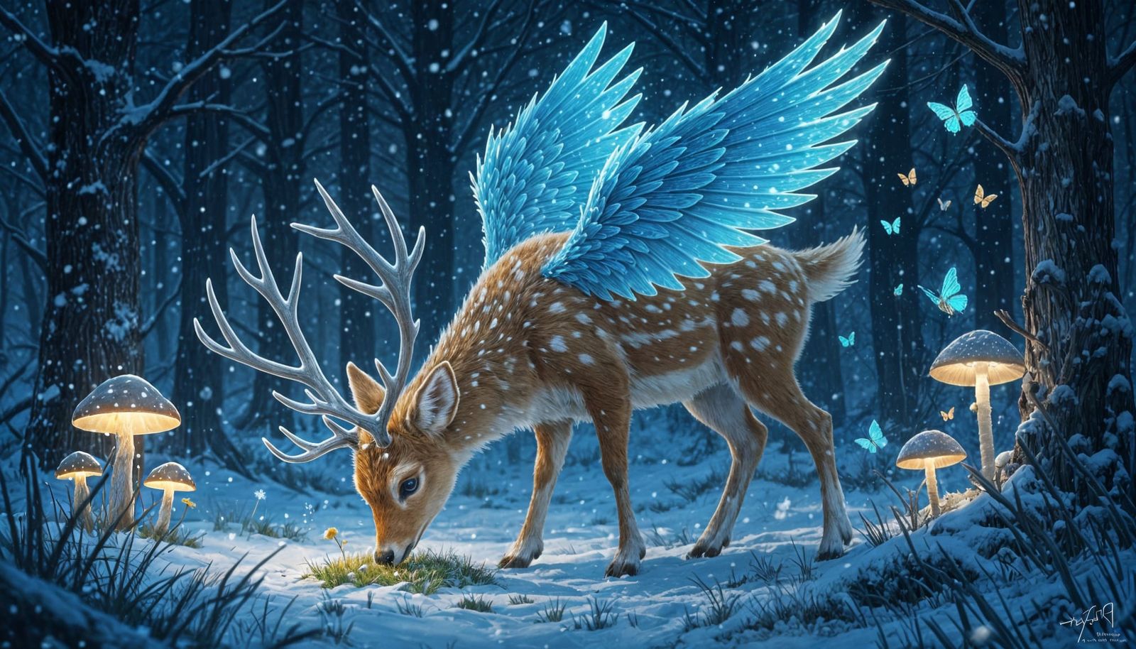 Blue Winged Deer in Snowy Forest, Manhwa Style