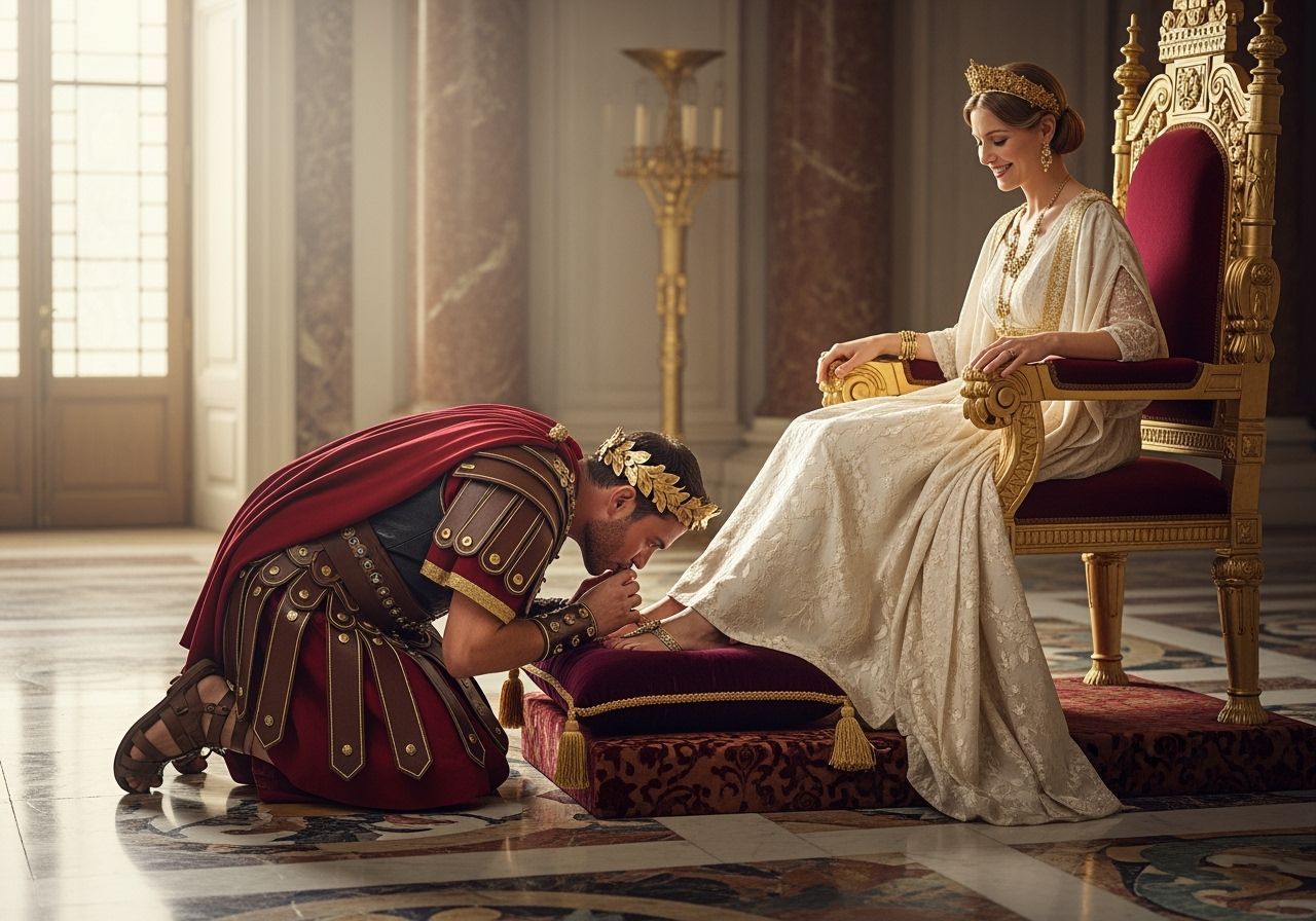 Roman Servant Kissing Empress's Feet in Golden Light