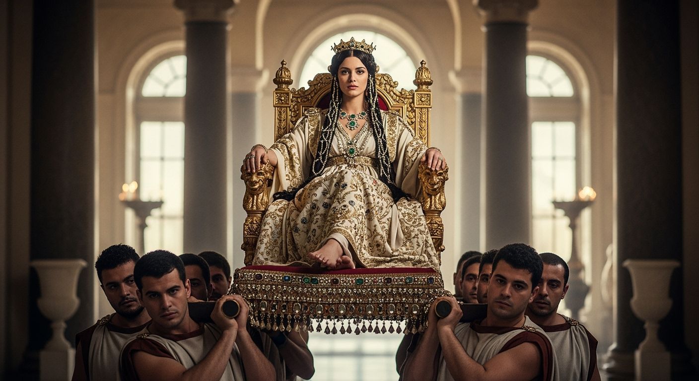 Regal Roman Empress on Golden Throne in Palace Hall