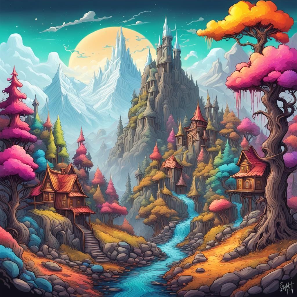 Doodle Art Wizard Landscape in Graffiti Style