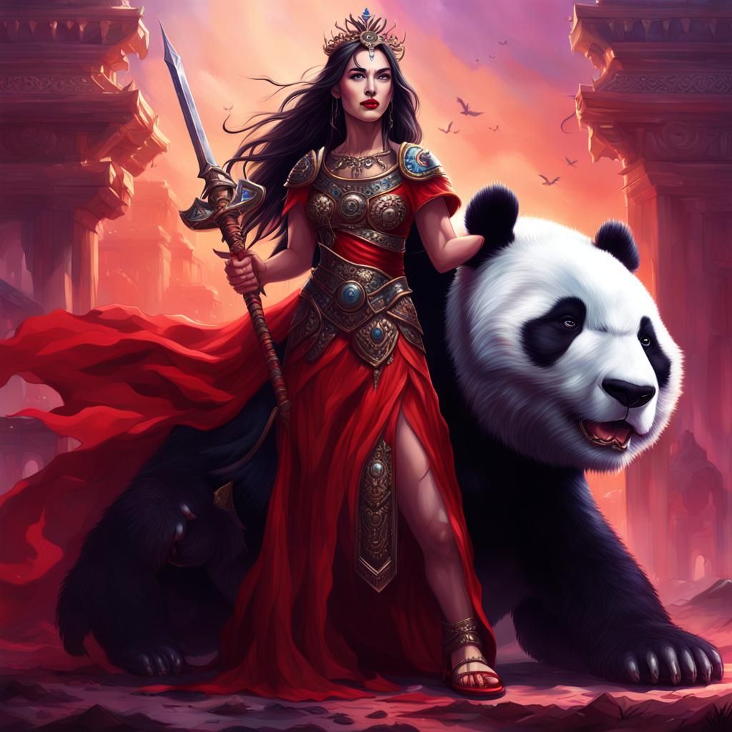 Goddess warrior woman standing next to large panda red dress...