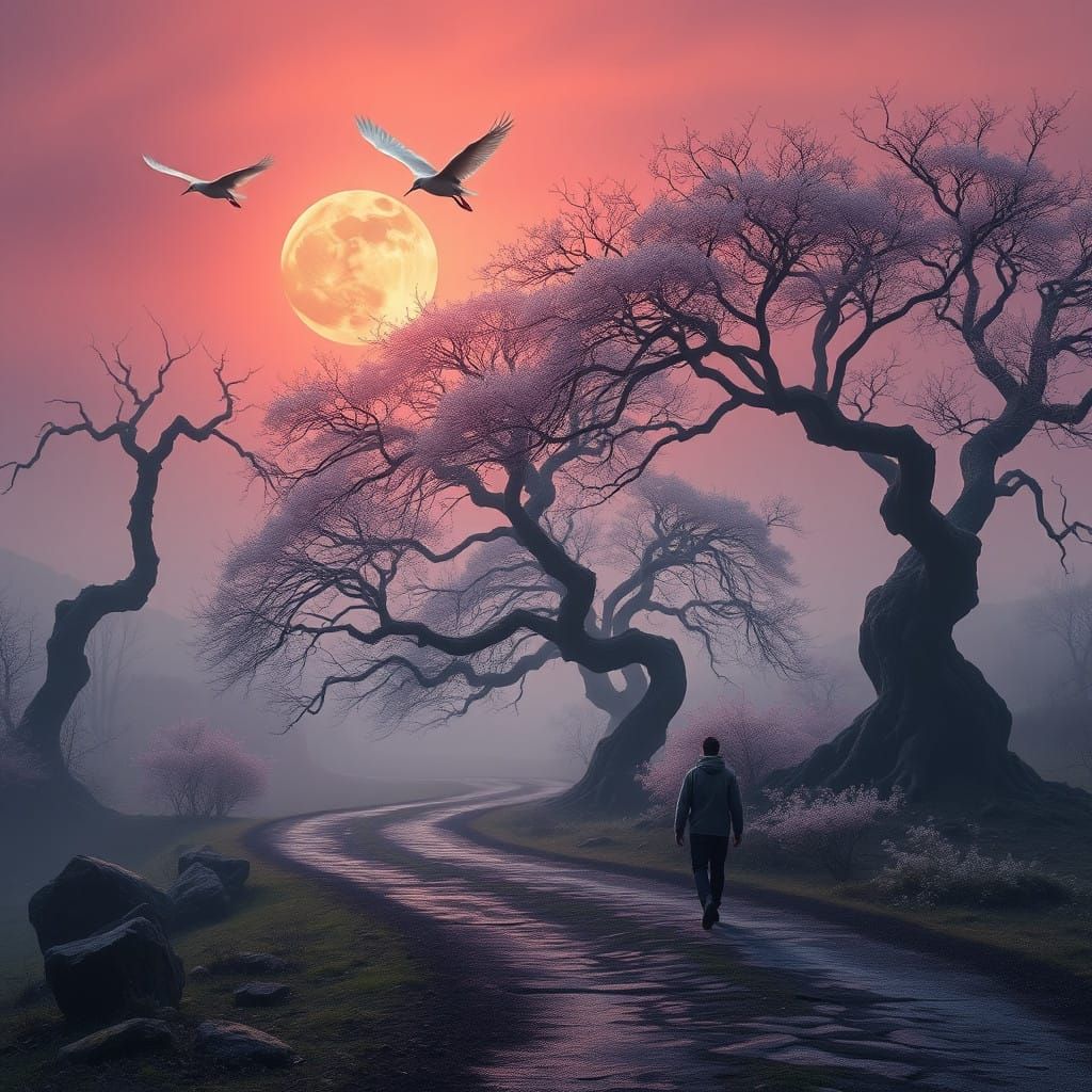 Ethereal Spring Landscape with Walking Man