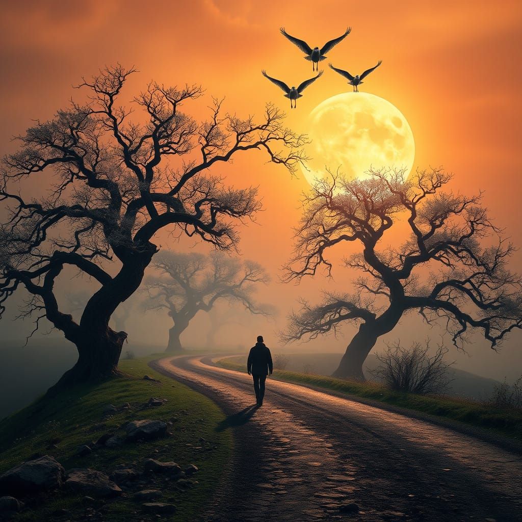 Ethereal Spring Landscape with Walking Figure