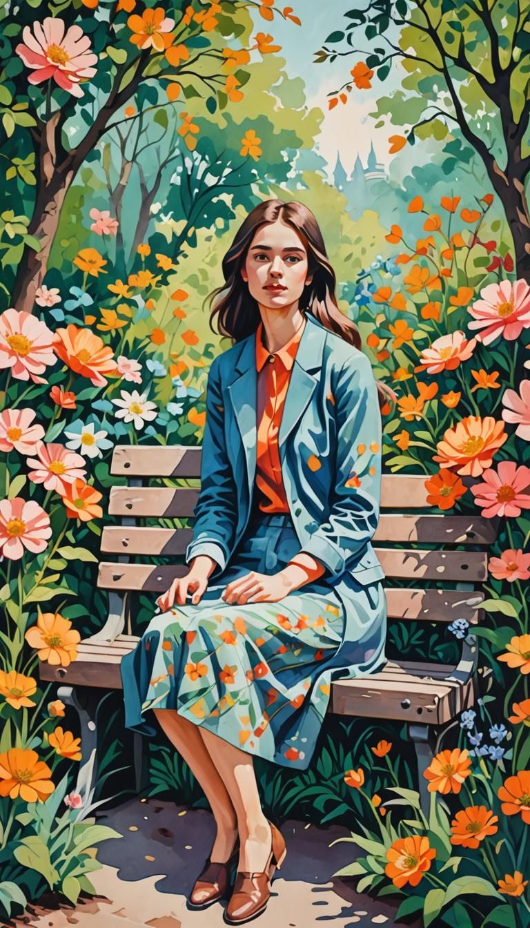 Woman in Flowery Garden, Gouache Style Abstract Art