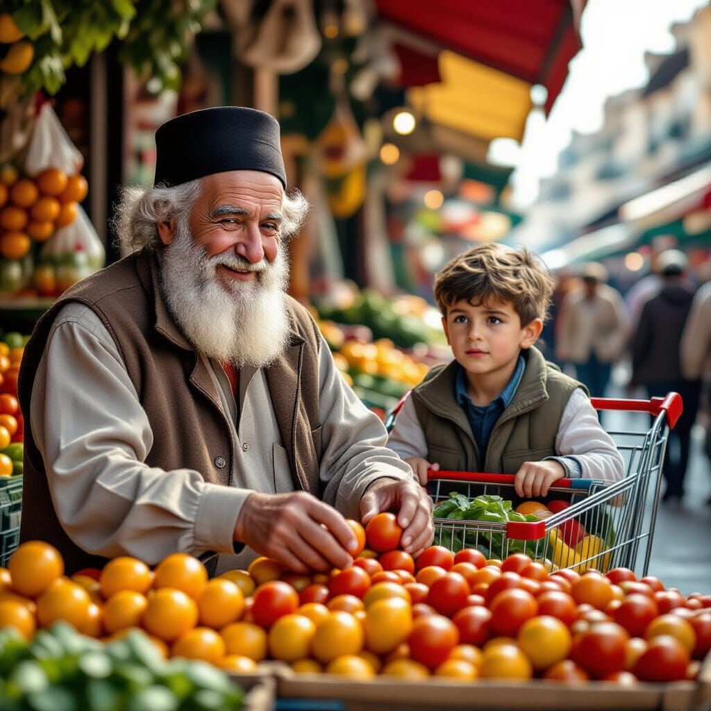 Elderly Man Selects Tomatoes at Market with Grandson