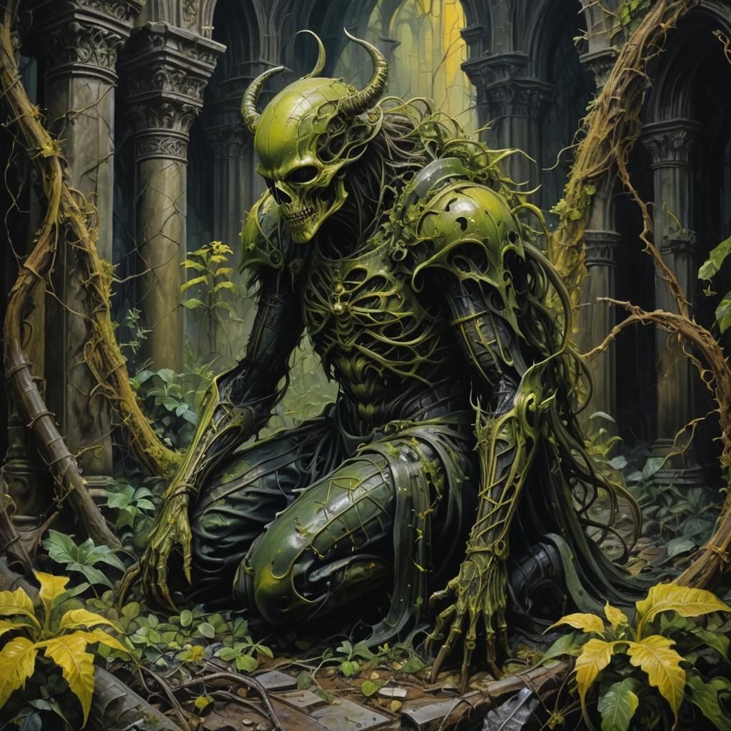 Festering Warrior in Ruined Gothic Cathedral