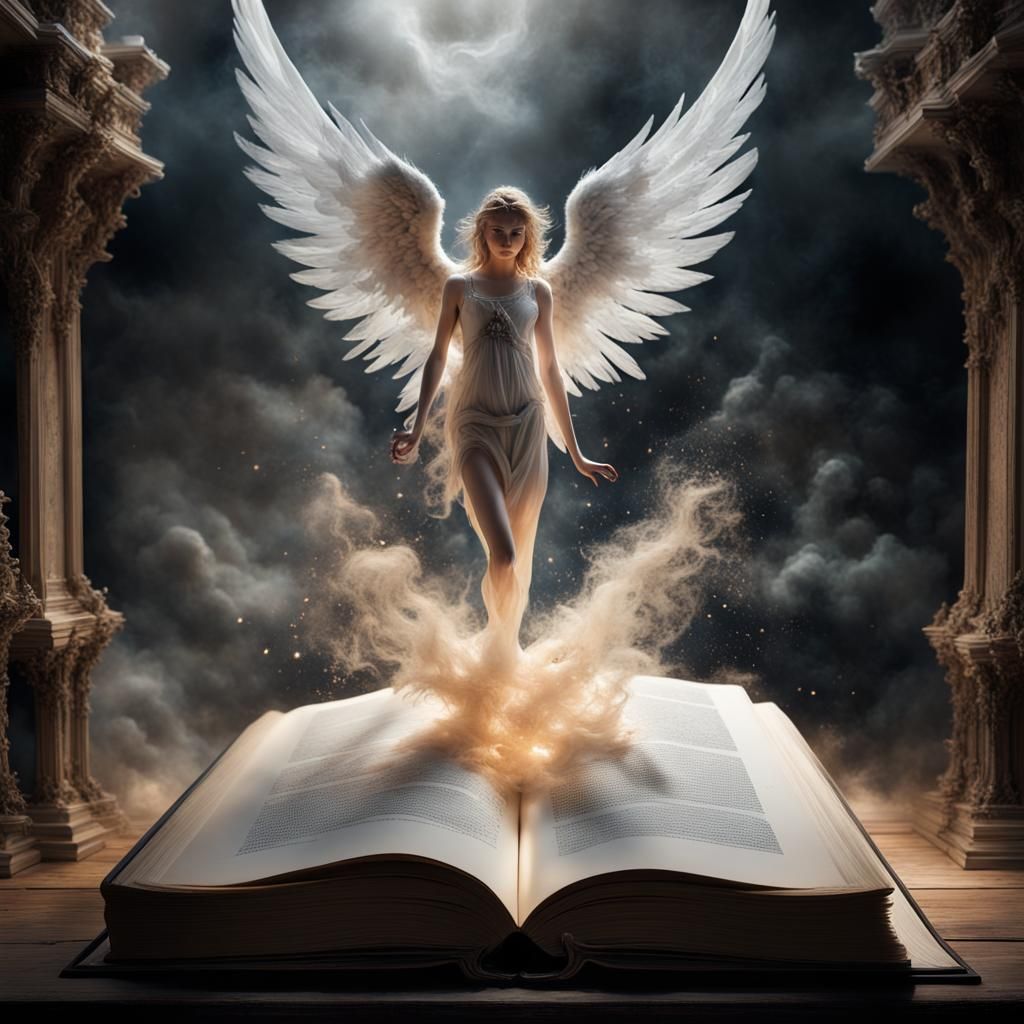 Miniature Angel World Emerges from Book, Digital Illustratio...