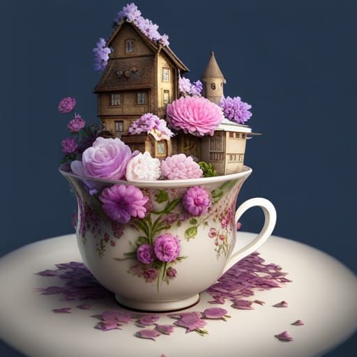 Fairytale House in Teacup with 3D Flowers Sticker